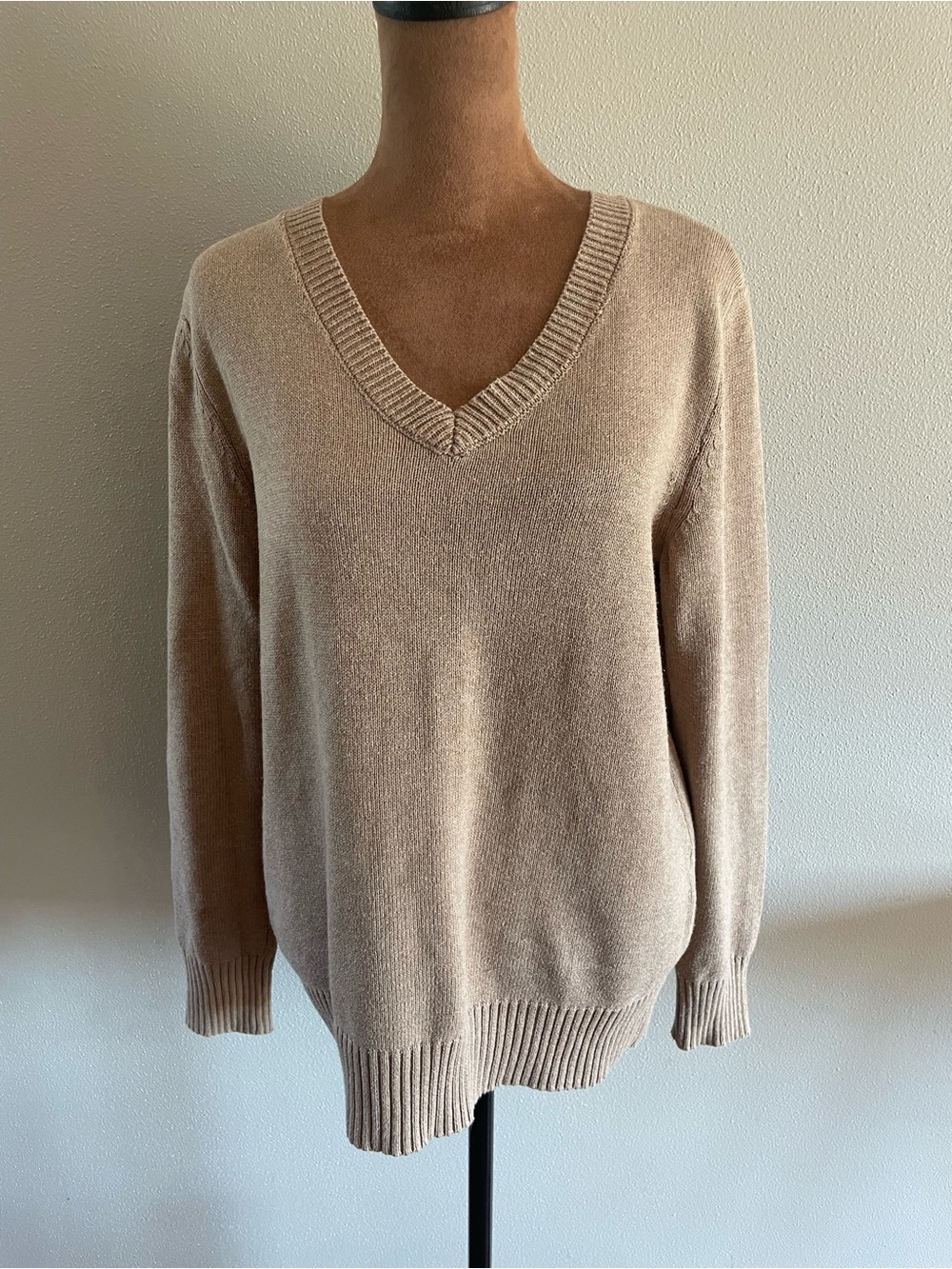 Karen Scott 100% Cotton V-Neck Sweater in Beige